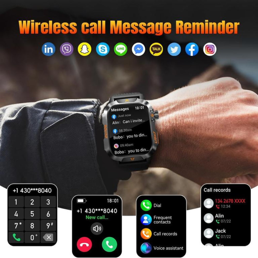 Military Smart Watch, Sports Smartwatch with LED Flashlight Compass