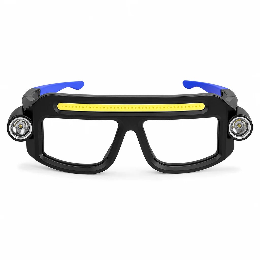 Hands Free Dual Beam LED Flashlight Glasses. Type-C Rechargeable COB Work Light Glasses for Mechanics. Camping & Repair