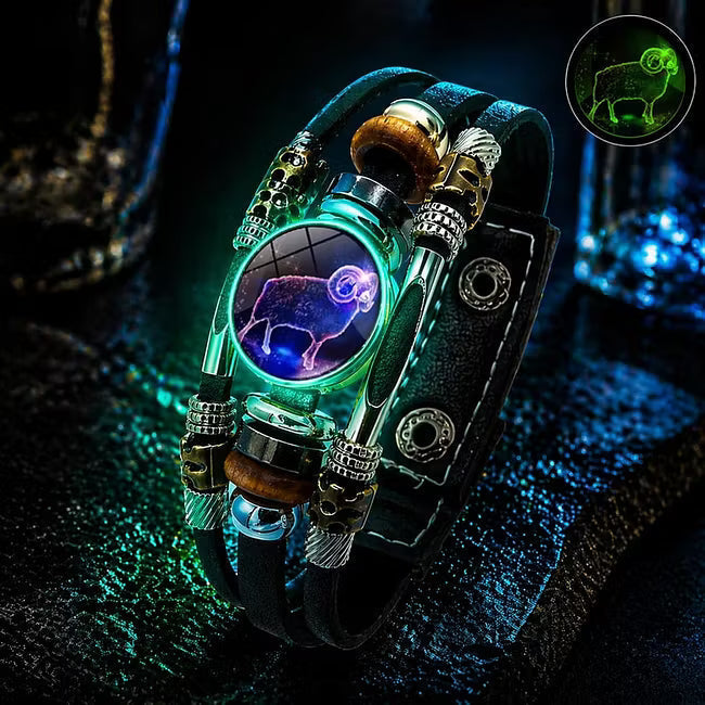 💥Last-day sale – 57% off ☪️Glow-in-the-dark leather zodiac sign bracelet for men and women (6.9/8.1 inches)♑️