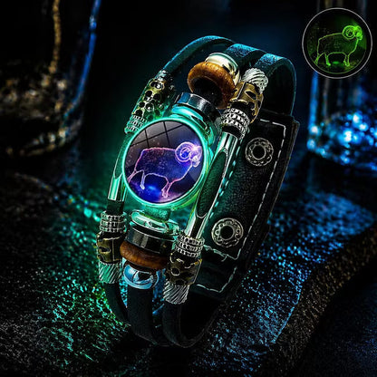 💥Last-day sale – 57% off ☪️Glow-in-the-dark leather zodiac sign bracelet for men and women (6.9/8.1 inches)♑️