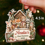 Personalized Acrylic Ornament, Woodland Animals by a Snowy Cabin, Unique Creative Gift for New Parents