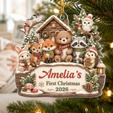 Personalized Acrylic Ornament, Woodland Animals by a Snowy Cabin, Unique Creative Gift for New Parents
