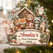 Personalized Acrylic Ornament, Woodland Animals by a Snowy Cabin, Unique Creative Gift for New Parents