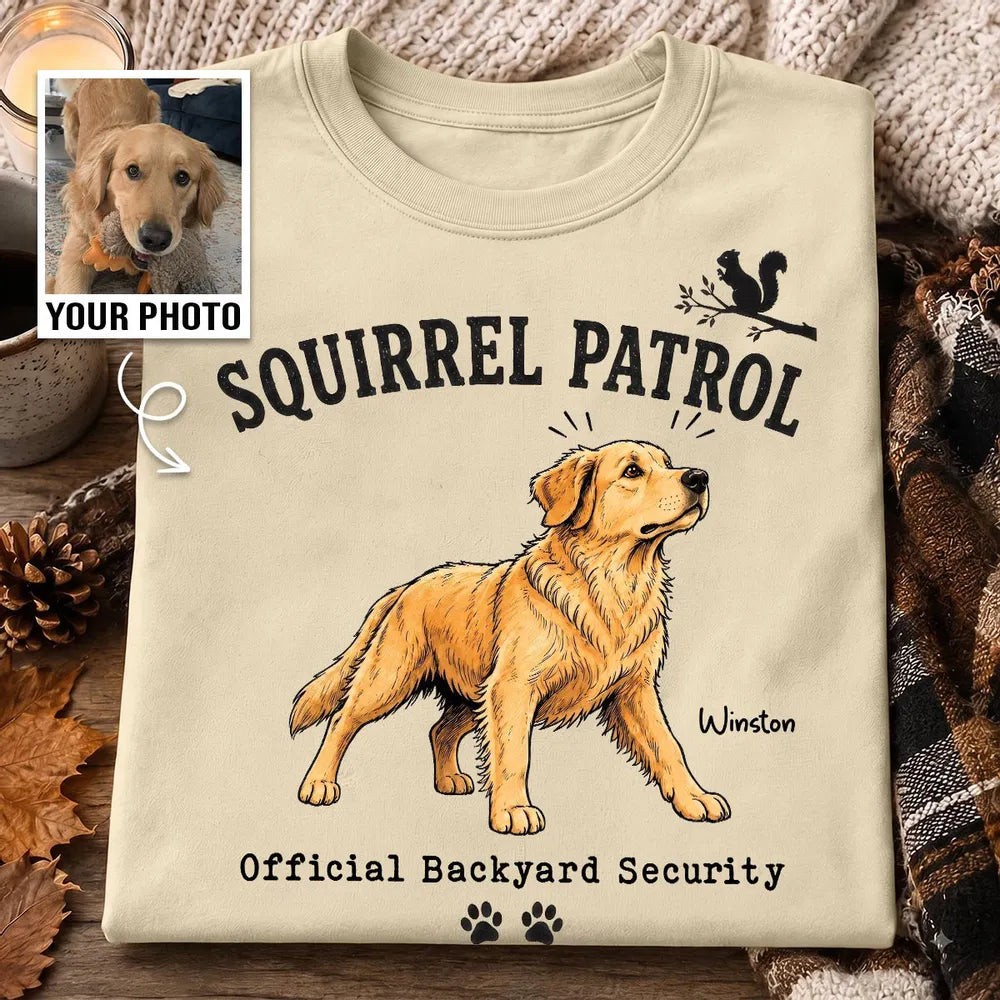 Personalized Classic Tee, Squirrel Patrol Dog Illustration, Vintage Backyard Scene, Unique Gift for Dog Lovers