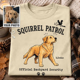 Personalized Classic Tee, Squirrel Patrol Dog Illustration, Vintage Backyard Scene, Unique Gift for Dog Lovers