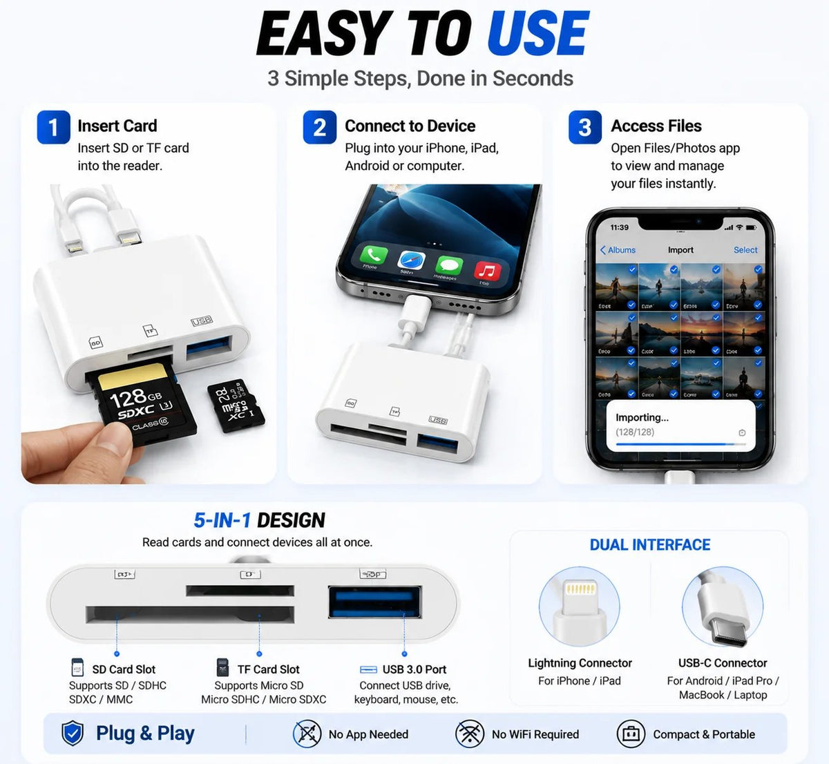 🔥HOT SALE 50% OFF🔌5-in-1 SD Card Reader for iPhone & USB-C – Fast Photo & Video Transfer Adapter