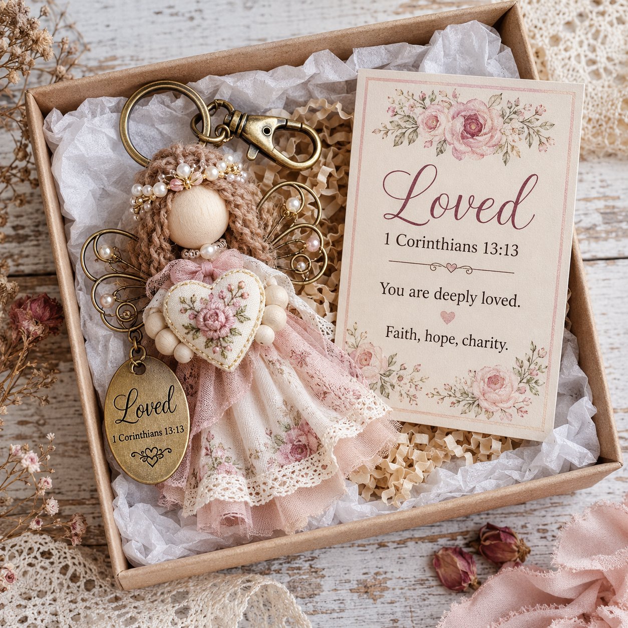 🪽 Faith Guardian Keychain Scripture Gift Set Collection | Layered Fabric Charm. Inspirational Scripture Card & Ready-to-Gift Box Included 💕