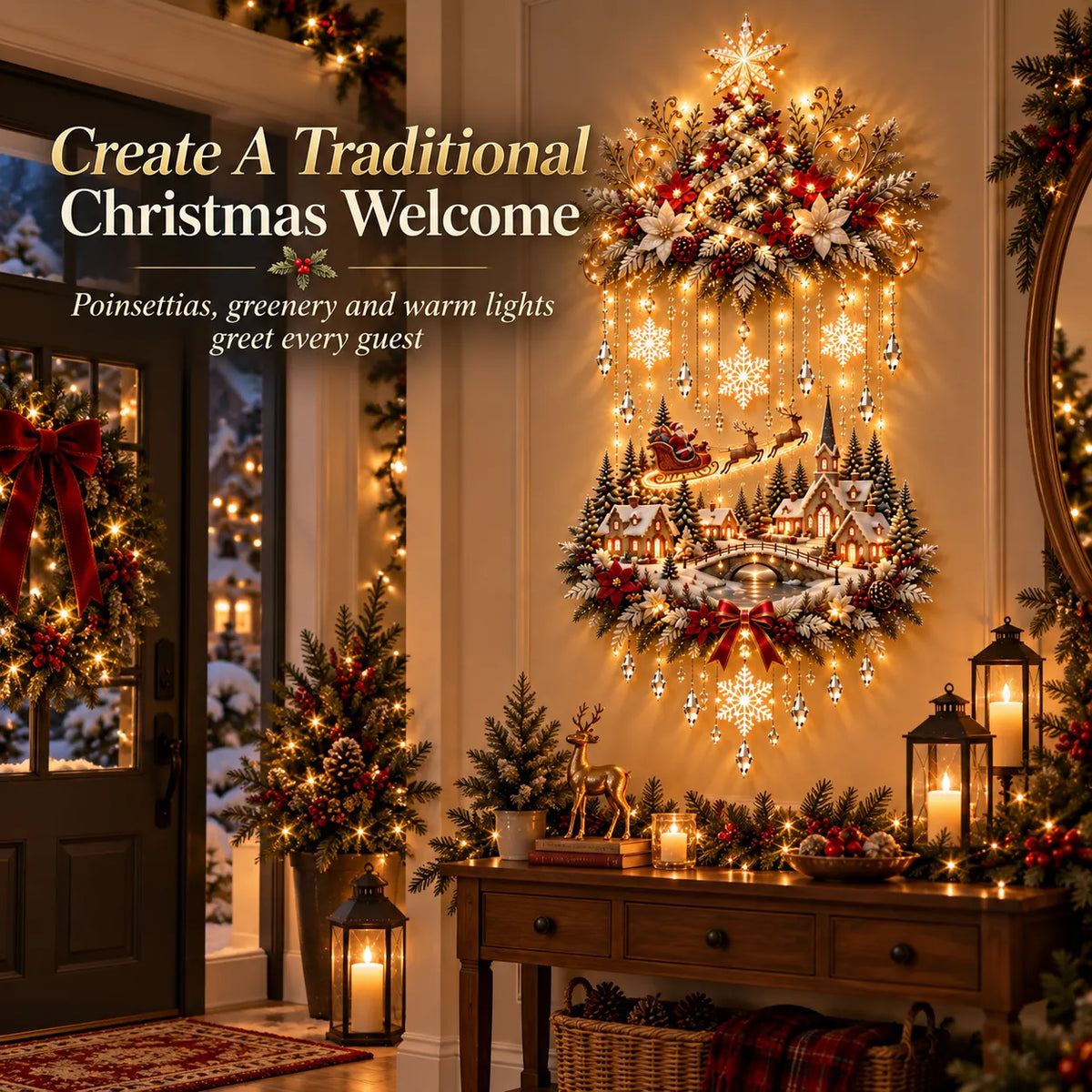 🎄 Illuminated Christmas Tree & Village Wall Hanging | Cascading Warm Lights for Living Rooms. Entryways & Staircases ✨
