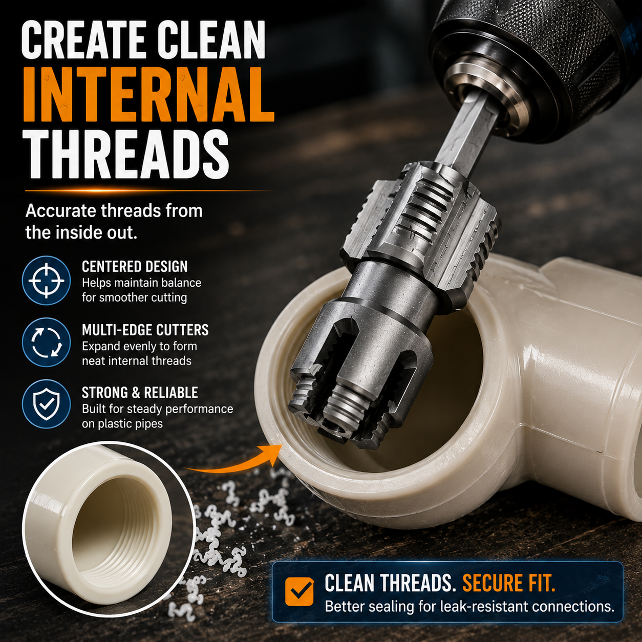 🔧Drill-Powered Pipe Thread Cutting Bit — Internal & External Threading for 1/2" & 3/4" Plastic Pipes