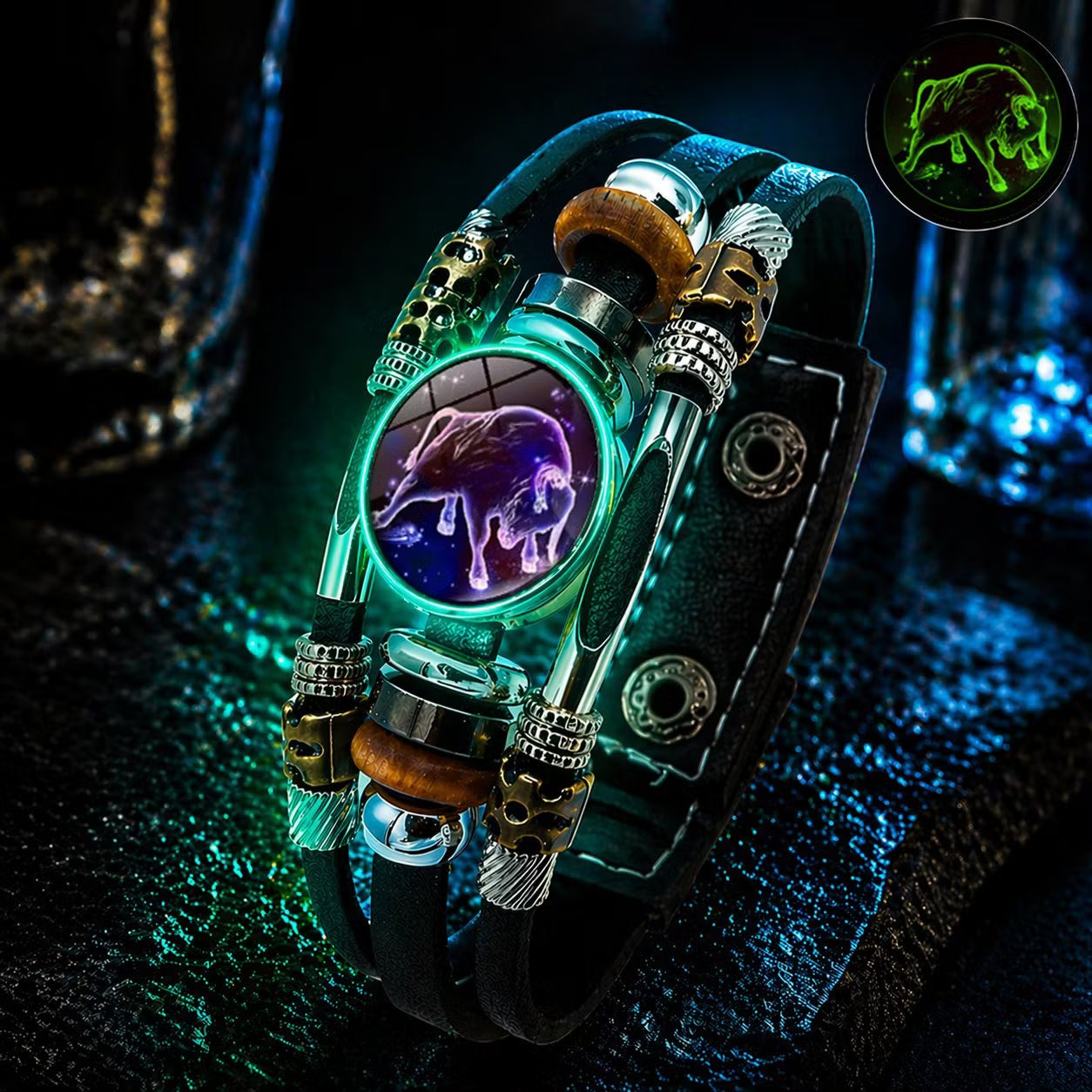 💥Last-day sale – 57% off ☪️Glow-in-the-dark leather zodiac sign bracelet for men and women (6.9/8.1 inches)♑️