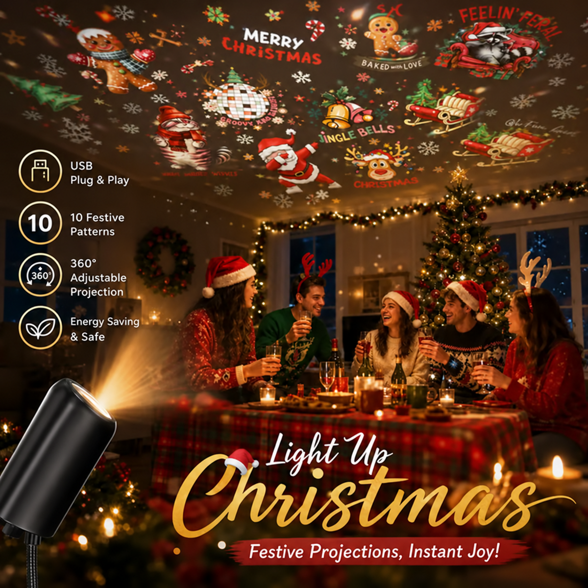 🔥Last Day 49% OFF-Plug-&-Play HD Christmas Projector – 6 or 10 Festive Scenes