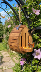 🔥100% Hand-Carved from Solid Wood -🦋Handmade Garden Butterfly House with Feeder Station