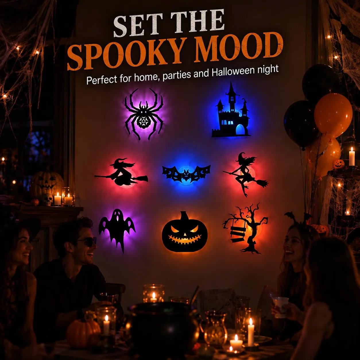🎃8 Pack Halloween LED Silhouette Wall Light Stickers. Battery Powered Peel & Stick Decor Lights