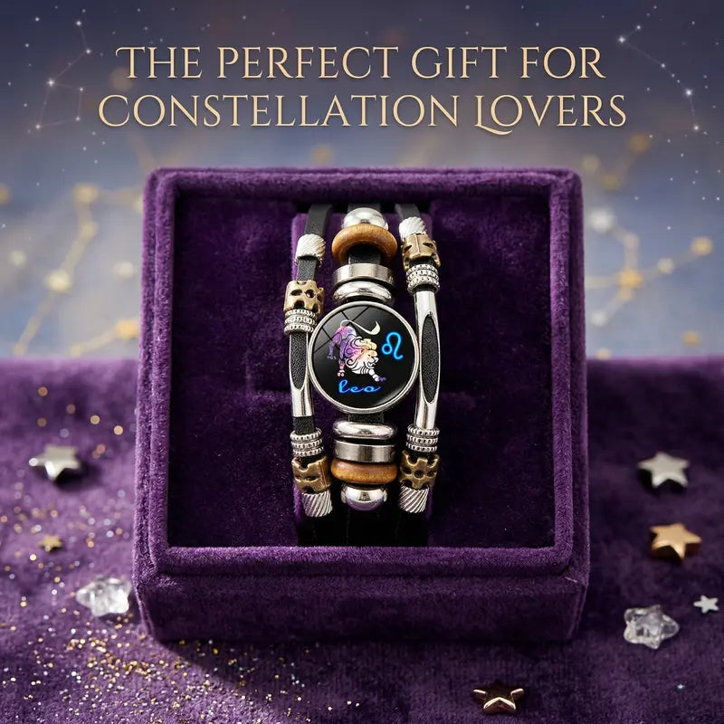 💥Last-day sale – 57% off ☪️Glow-in-the-dark leather zodiac sign bracelet for men and women (6.9/8.1 inches)♑️