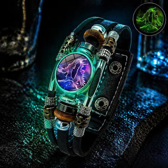 💥Last-day sale – 57% off ☪️Glow-in-the-dark leather zodiac sign bracelet for men and women (6.9/8.1 inches)♑️