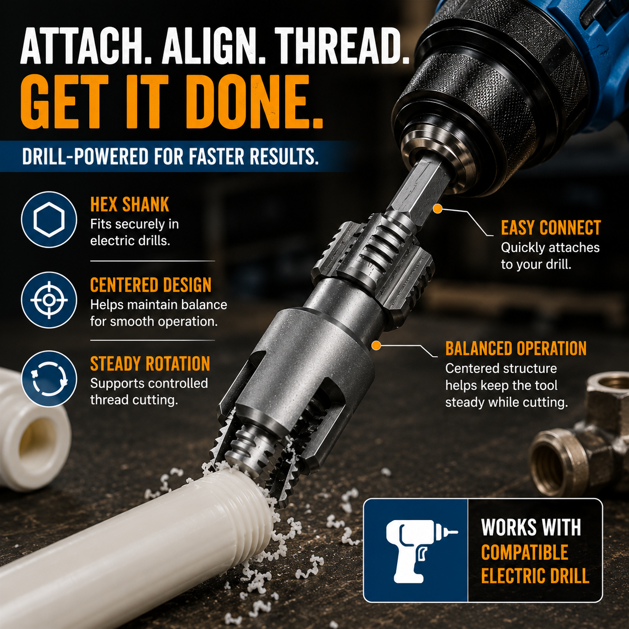 🔧Drill-Powered Pipe Thread Cutting Bit — Internal & External Threading for 1/2" & 3/4" Plastic Pipes