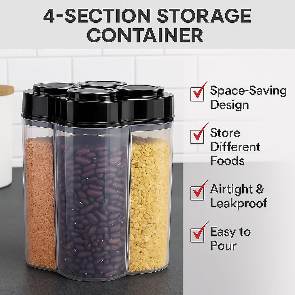 4 Section Transparent Storage Container with Lid (2500 ML) | Multi-Purpose Organizer Box for Snacks, Dry Fruits, Spices & Kitchen Essentials: f