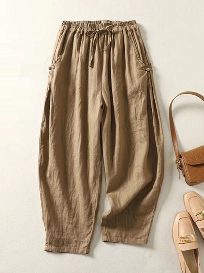 Casual Cotton Cropped Harem Pants with Buckle