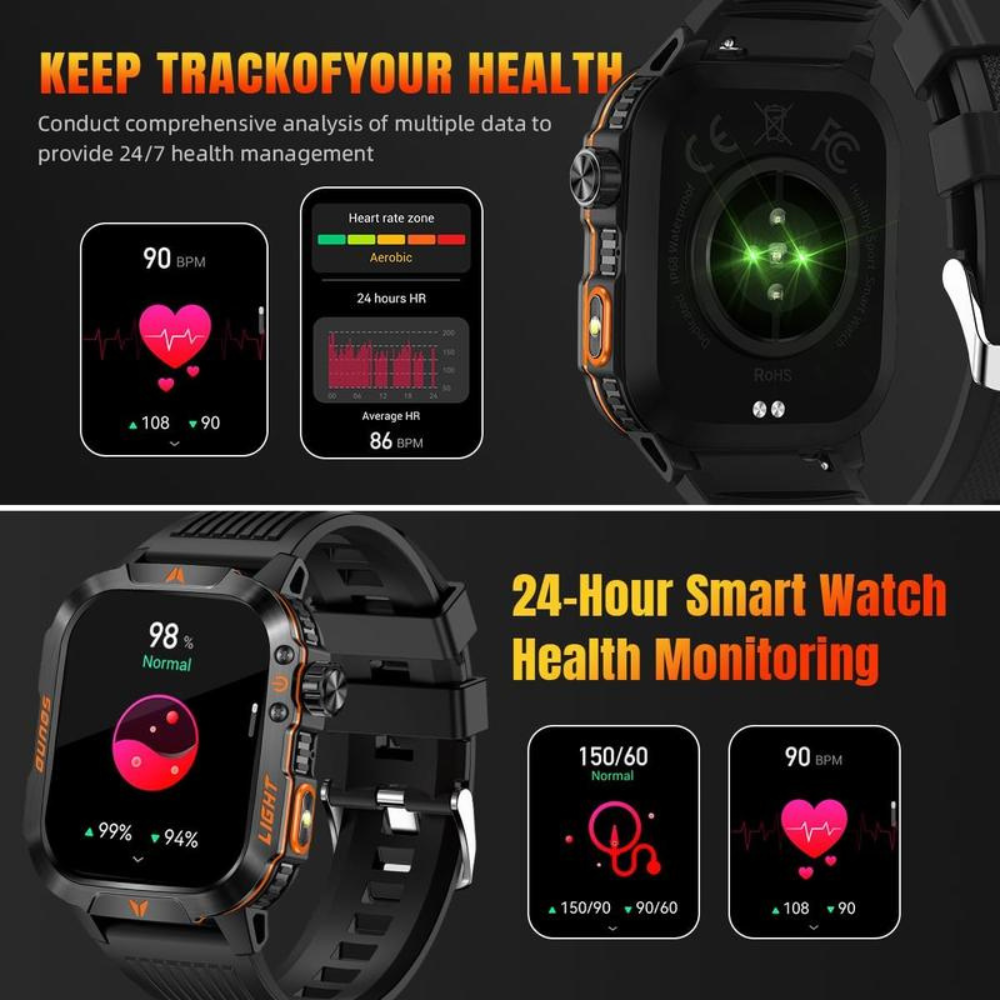 Military Smart Watch, Sports Smartwatch with LED Flashlight Compass