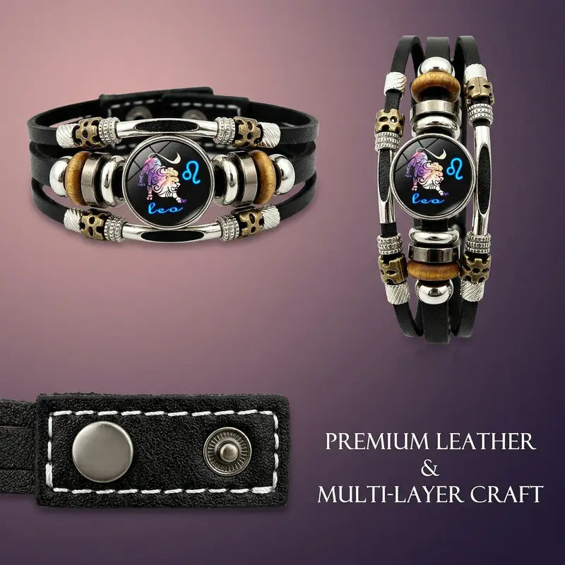 💥Last-day sale – 57% off ☪️Glow-in-the-dark leather zodiac sign bracelet for men and women (6.9/8.1 inches)♑️