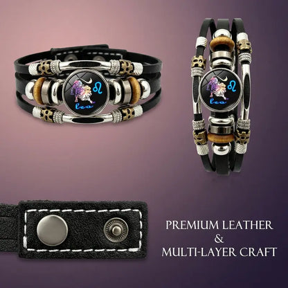 💥Last-day sale – 57% off ☪️Glow-in-the-dark leather zodiac sign bracelet for men and women (6.9/8.1 inches)♑️
