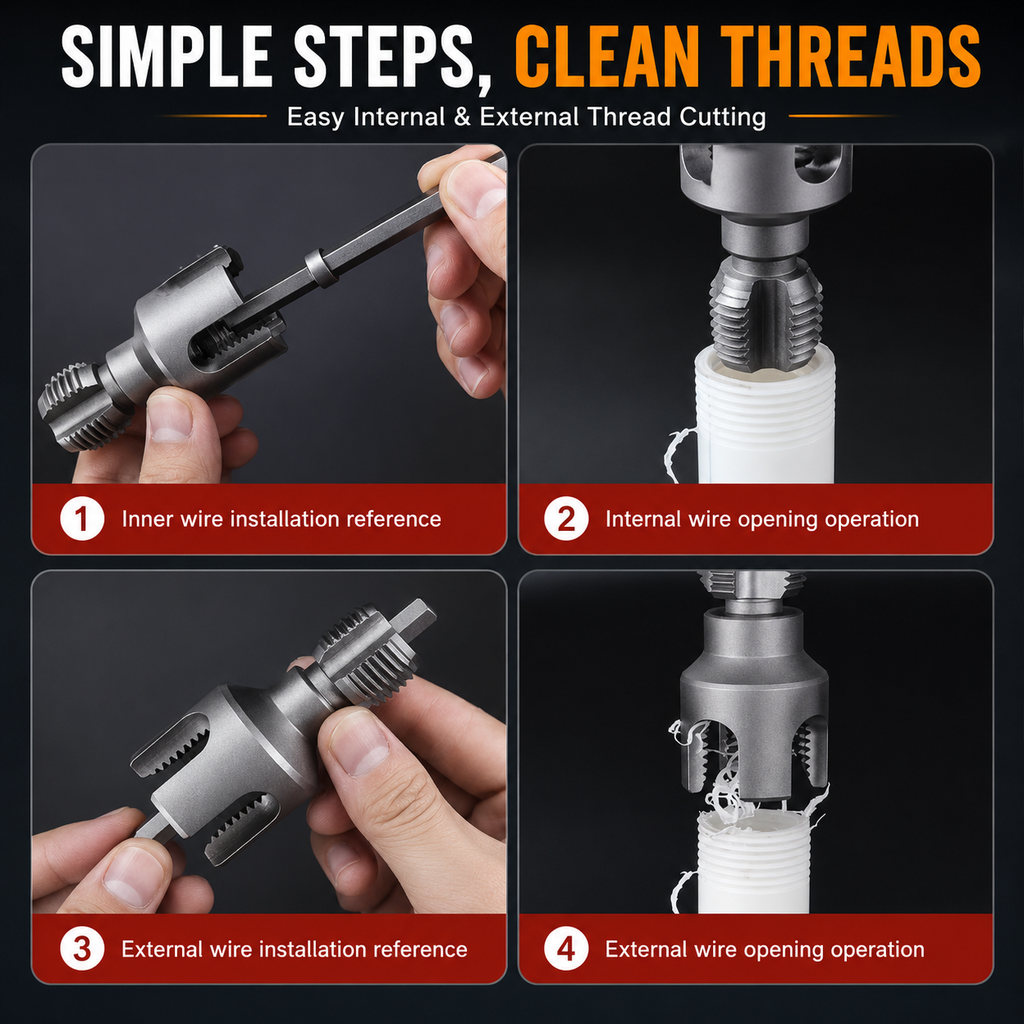 🔧Drill-Powered Pipe Thread Cutting Bit — Internal & External Threading for 1/2" & 3/4" Plastic Pipes
