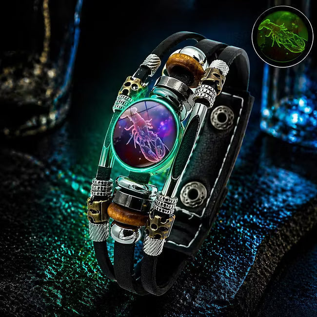 💥Last-day sale – 57% off ☪️Glow-in-the-dark leather zodiac sign bracelet for men and women (6.9/8.1 inches)♑️