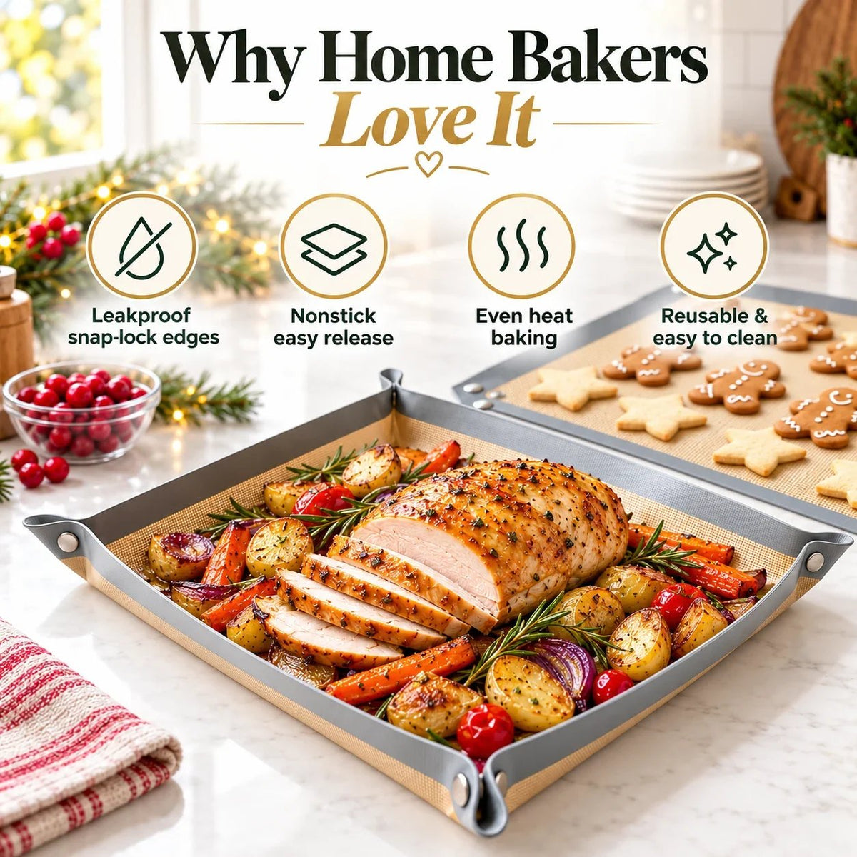 ⏰LAST DAY 50% OFF -Snap-Lock Silicone Baking Mat -2in-1 Nonstick Oven Liner & RaisedEdge Roasting Mat