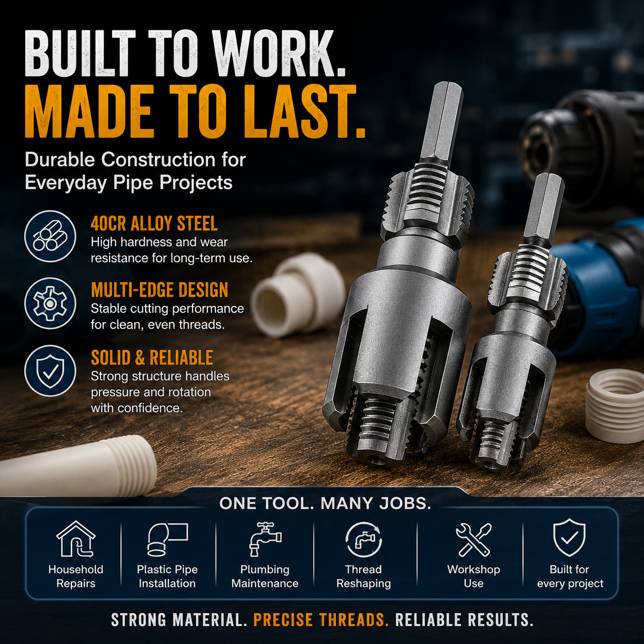 🔧Drill-Powered Pipe Thread Cutting Bit — Internal & External Threading for 1/2" & 3/4" Plastic Pipes