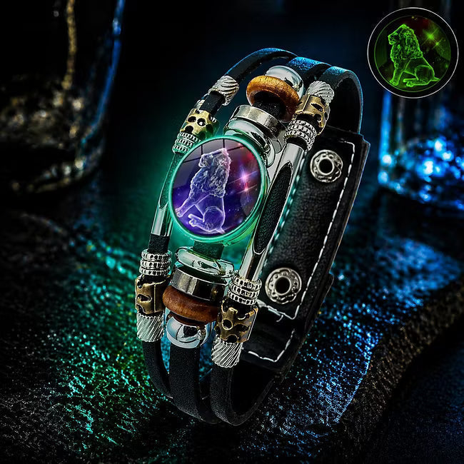 💥Last-day sale – 57% off ☪️Glow-in-the-dark leather zodiac sign bracelet for men and women (6.9/8.1 inches)♑️