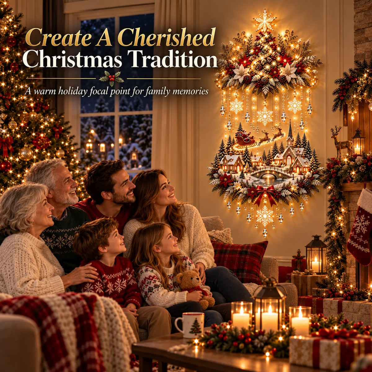 🎄 Illuminated Christmas Tree & Village Wall Hanging | Cascading Warm Lights for Living Rooms. Entryways & Staircases ✨