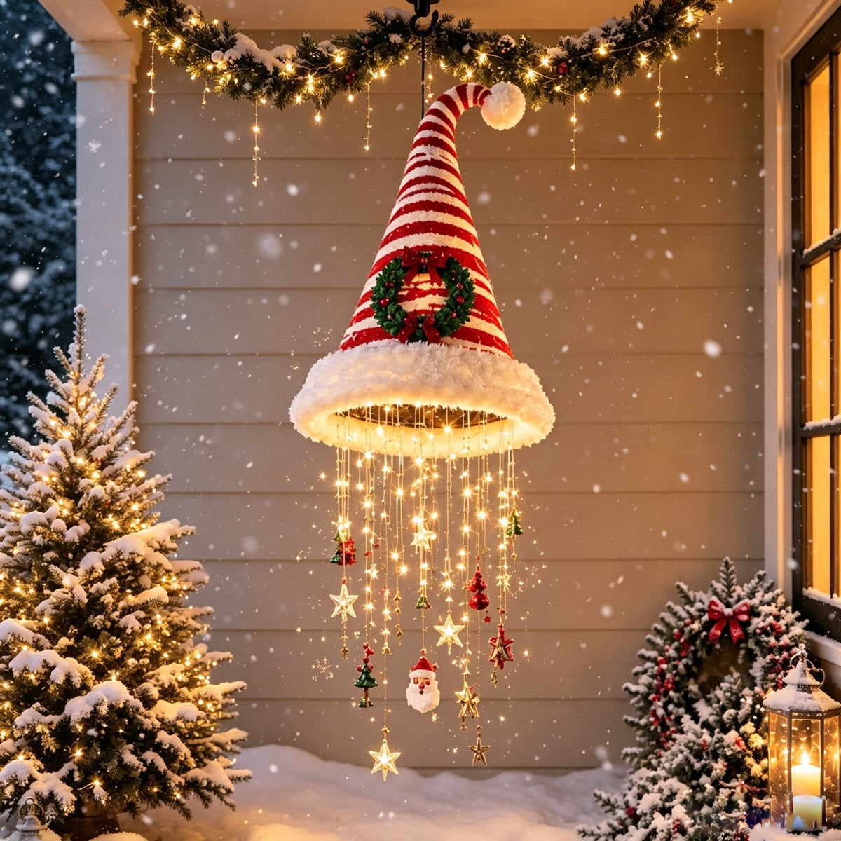 🎅✨ Lighted Santa Hat Hanging Chandelier