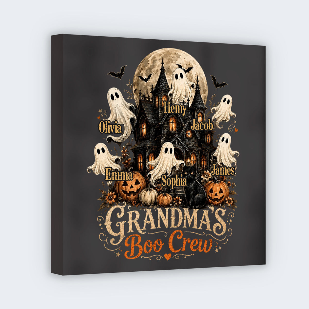 Grandma's Boo Crew Personalized Halloween Square Canvas for Grandmother - Custom Kids Name Ghost Wall Art Decor