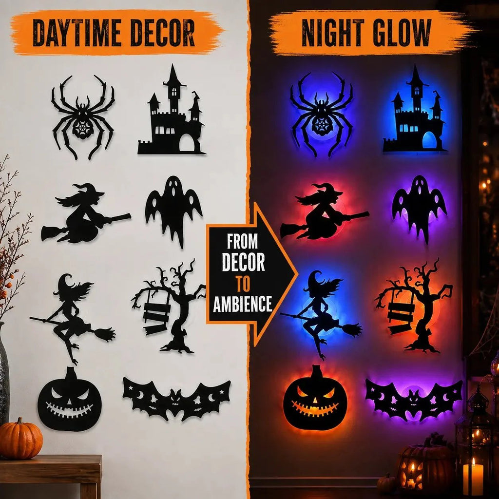 🎃8 Pack Halloween LED Silhouette Wall Light Stickers. Battery Powered Peel & Stick Decor Lights