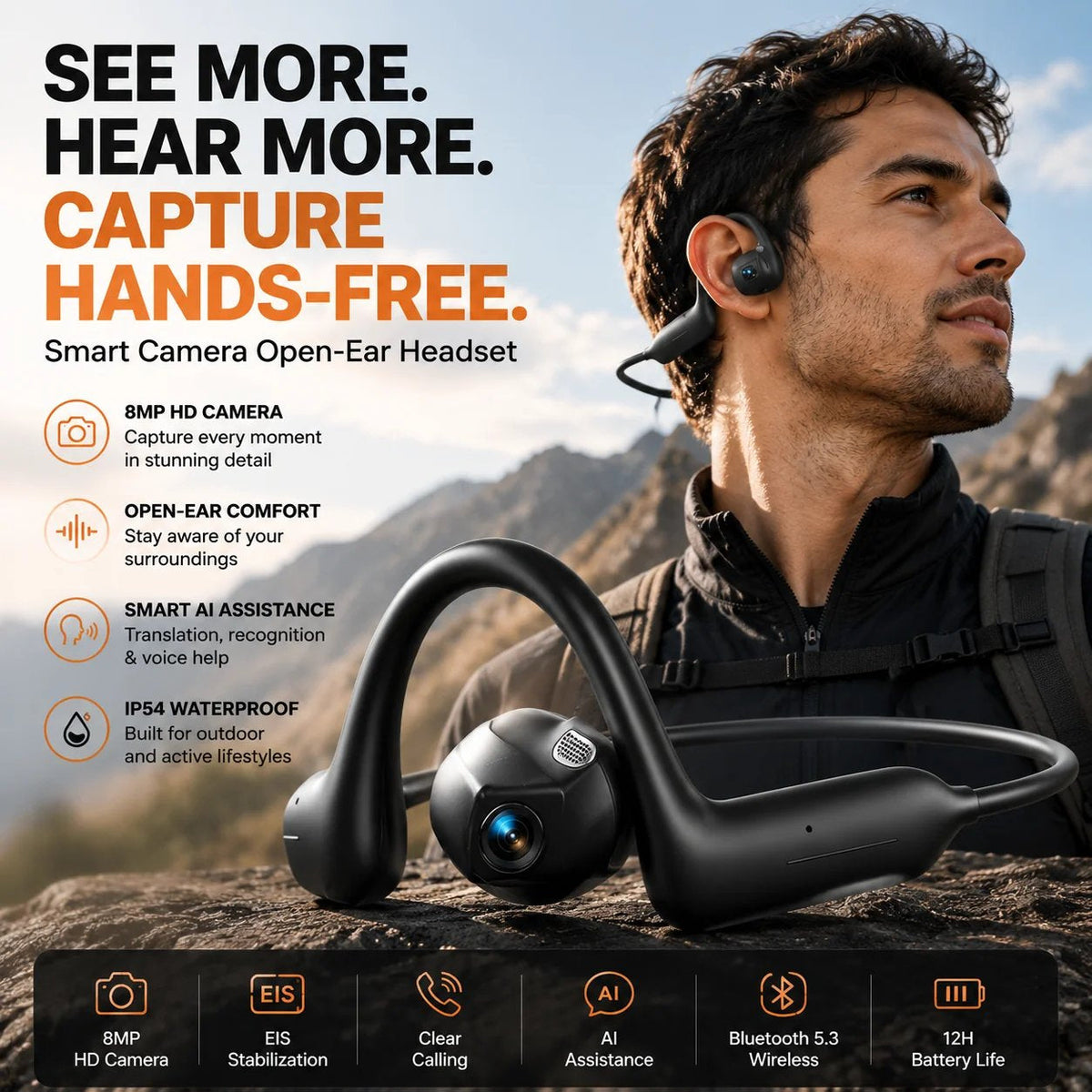 🎧 8MP Smart Camera Open-Ear Headset – POV Video. Calls & AI Assistance 🎥