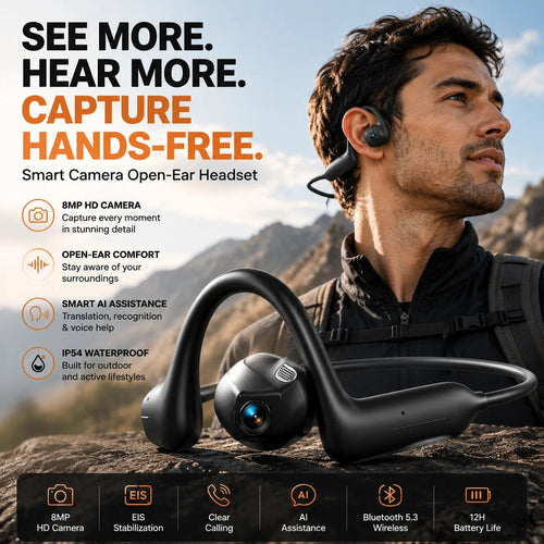 🎧 8MP Smart Camera Open-Ear Headset – POV Video. Calls & AI Assistance 🎥