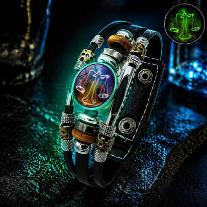 💥Last-day sale – 57% off ☪️Glow-in-the-dark leather zodiac sign bracelet for men and women (6.9/8.1 inches)♑️