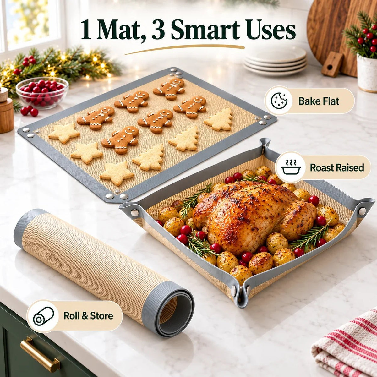 ⏰LAST DAY 50% OFF -Snap-Lock Silicone Baking Mat -2in-1 Nonstick Oven Liner & RaisedEdge Roasting Mat
