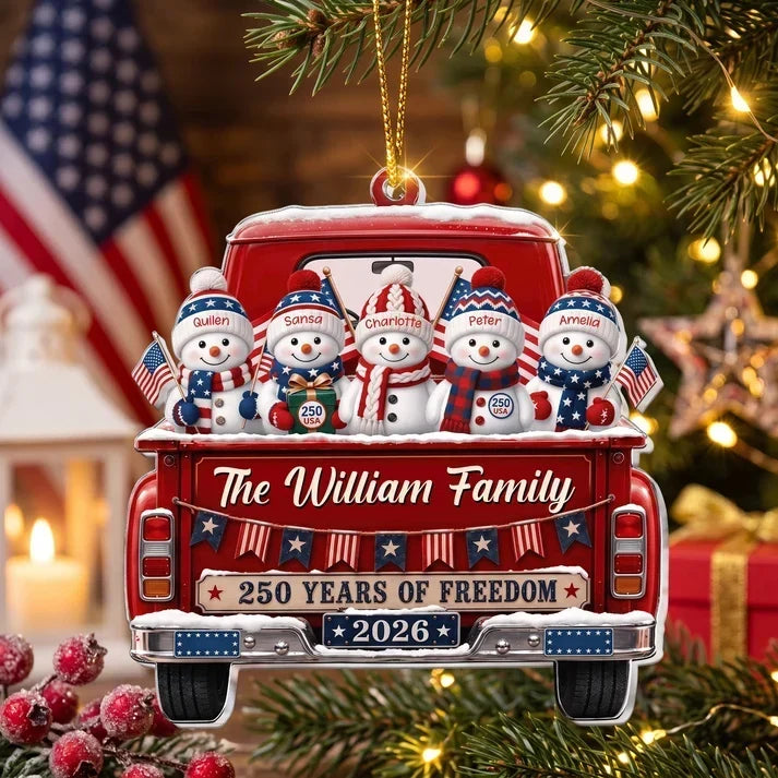 Personalized Acrylic Ornament, 250 Years of Freedom Snowman Family, Creative Patriotic Gift for Mom and Dad