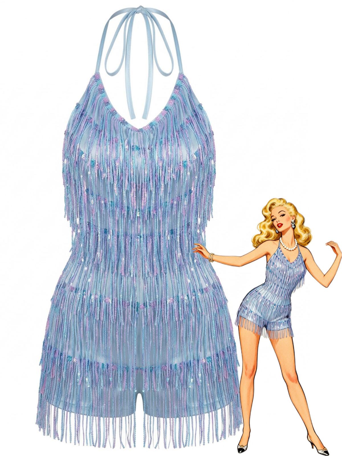 Blue 1960s Halter Sequins Tassel Romper
