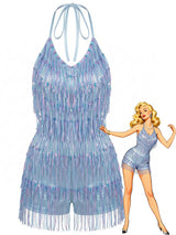 Blue 1960s Halter Sequins Tassel Romper