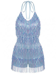 Blue 1960s Halter Sequins Tassel Romper