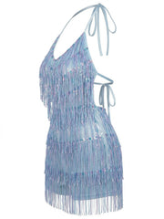 Blue 1960s Halter Sequins Tassel Romper