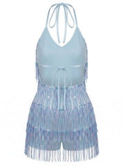 Blue 1960s Halter Sequins Tassel Romper