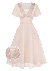 [Pre-Sale] Champagne 1950s Lace Chiffon Ruffle Sleeve Evening Dress