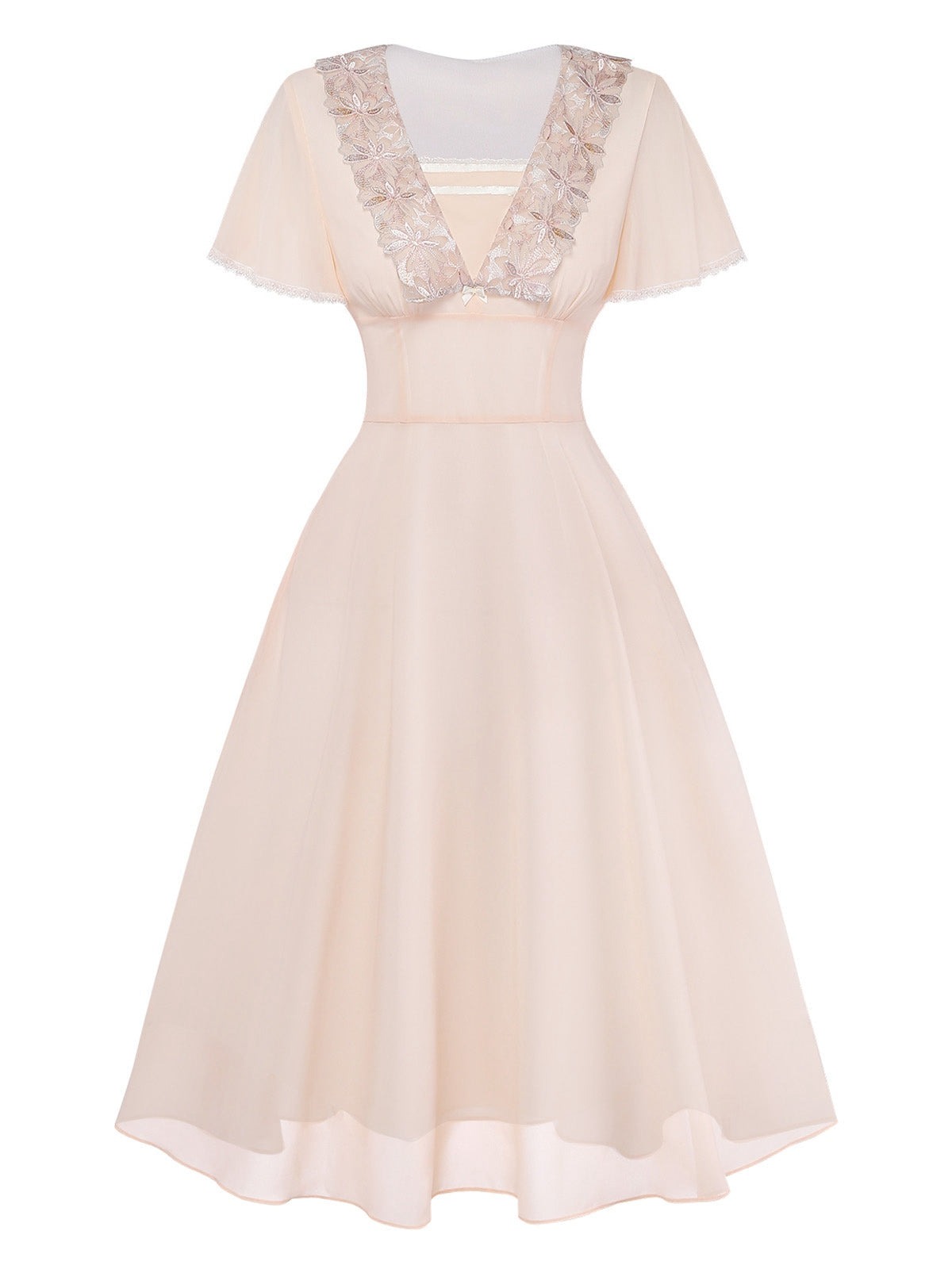 [Pre-Sale] Champagne 1950s Lace Chiffon Ruffle Sleeve Evening Dress