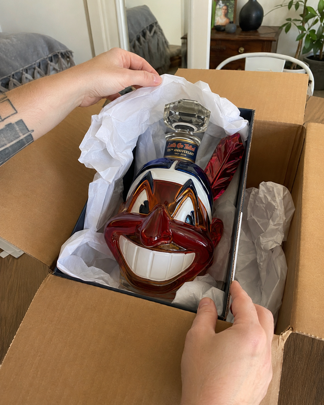 Let's Go Tribe! 125th Anniversary Chief Wahoo Whiskey Bottle