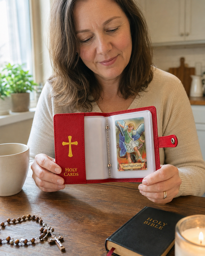 ✝️ Catholic PU+PVC Leather Holy Card Holder – Pocket Prayer Card Organizer with Snap Closure