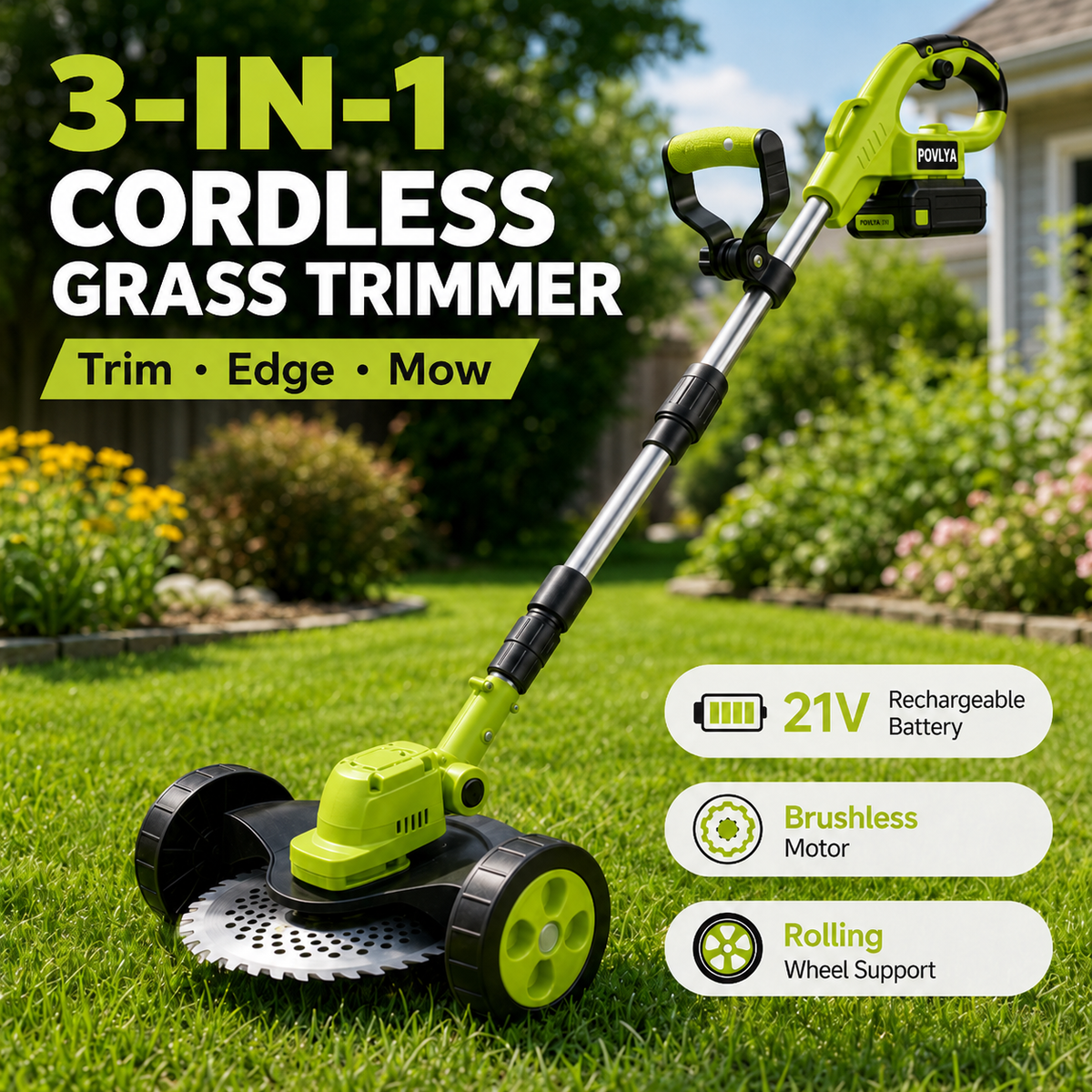 🌿 3-in-1 Cordless Grass Trimmer | Brushless Lawn Mower &amp; Edger for Yard Care