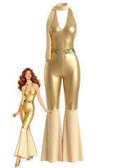 Gold 1970s Disco Sequined Halter Flared Jumpsuit